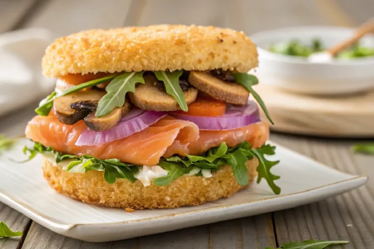 Sushi burguer com bolinhos de arroz prensado, recheado com salmão fresco, cebolinha e molho tarê, servido em prato branco.