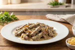 Tiras de carne ao molho cremoso suculentas e fáceis