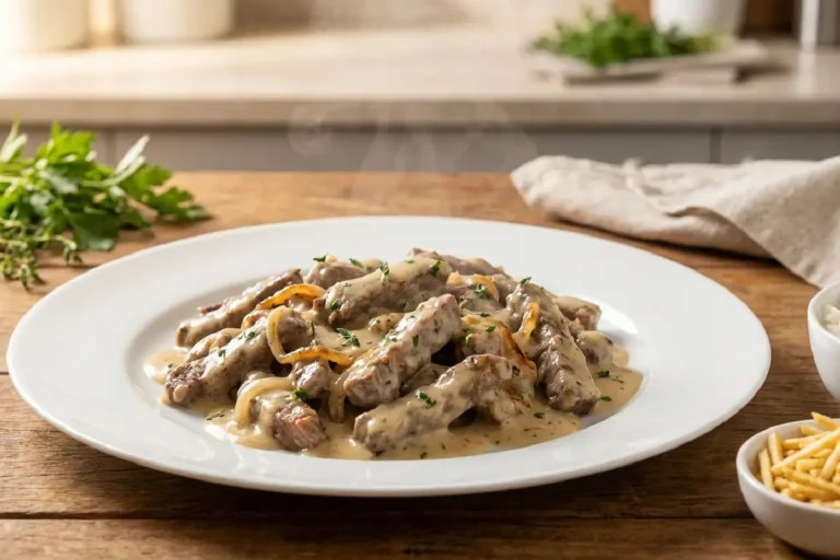 Tiras de carne ao molho cremoso suculentas e fáceis