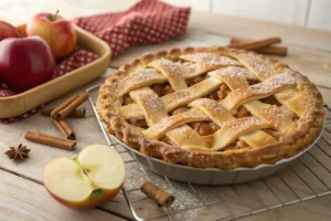 Torta de maçã caseira com massa dourada e crocante coberta de açúcar cristal sobre grade de resfriamento, com fatia destacada revelando recheio caramelizado