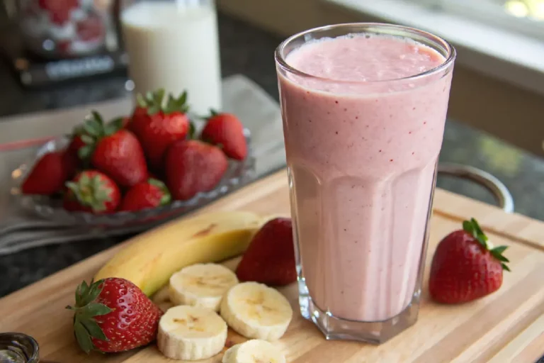 Vitamina cremosa de morango com banana, cor rosa vibrante, servida em copo alto com gelo e morangos fatiados.