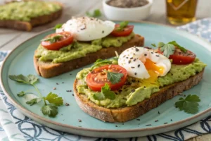 Avocado toast com abacate amassado sobre pão integral, café da manhã nutritivo e saboroso