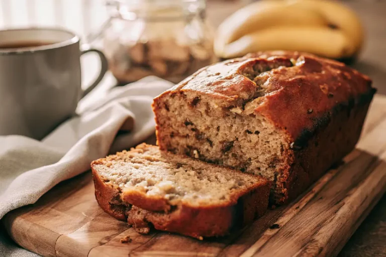 Banana bread caseiro fatiado mostrando miolo úmido dourado com nozes sobre tábua de madeira rústica