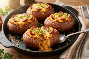 Quatro batatas recheadas com calabresa cremosa em assadeira rústica escura, com queijo mussarela e parmesão gratinados em dourado-âmbar, calabresa visível sobre o queijo e cebolinha verde picada como finalização, recém-saídas do forno.