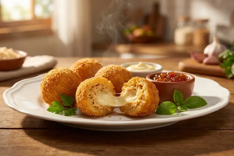 Bolinho de frango recheado com queijo crocante e cremoso