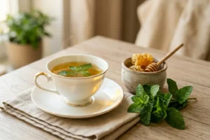 Xícara de porcelana branca com chá de hortelã dourado, ramos de hortelã fresca e mel rústico sobre mesa de madeira clara