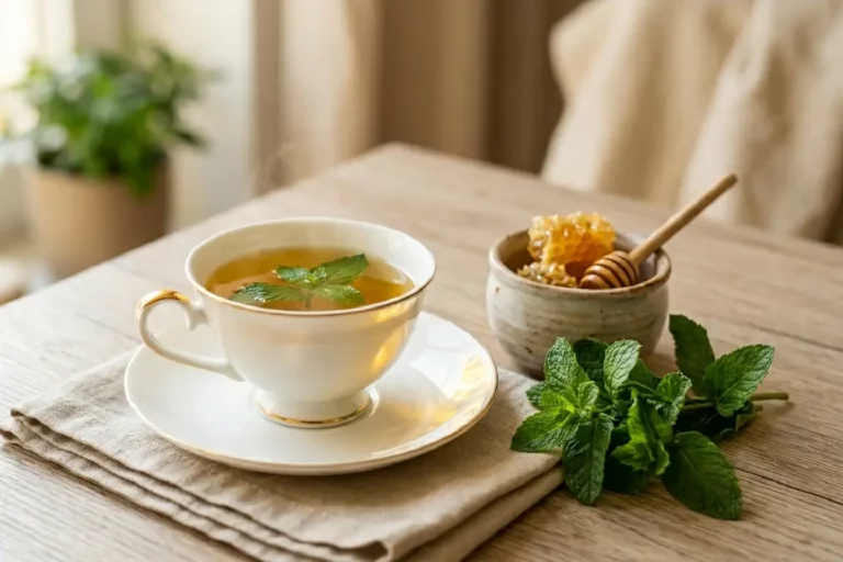 Xícara de porcelana branca com chá de hortelã dourado, ramos de hortelã fresca e mel rústico sobre mesa de madeira clara