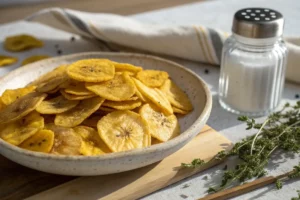 Chips crocantes de banana da terra verde frita, dourados e salpicados com temperos, servidos em pote transparente.