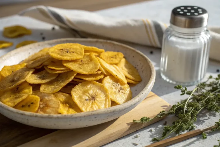 Chips crocantes de banana da terra verde frita, dourados e salpicados com temperos, servidos em pote transparente.