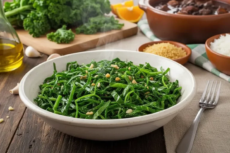 Couve refogada verde vibrante com alho dourado servida em tigela branca rústica