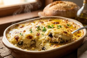 Escondidinho de bacalhau cremoso e gratinado servido em refratário