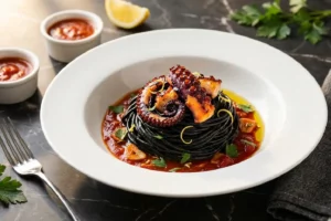 Espaguete nero com polvo em bowl de porcelana branca com molho de tomate e vinho branco, salsinha e azeite sobre mármore escuro
