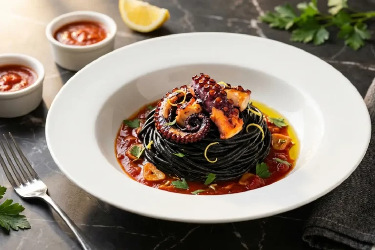 Espaguete nero com polvo em bowl de porcelana branca com molho de tomate e vinho branco, salsinha e azeite sobre mármore escuro