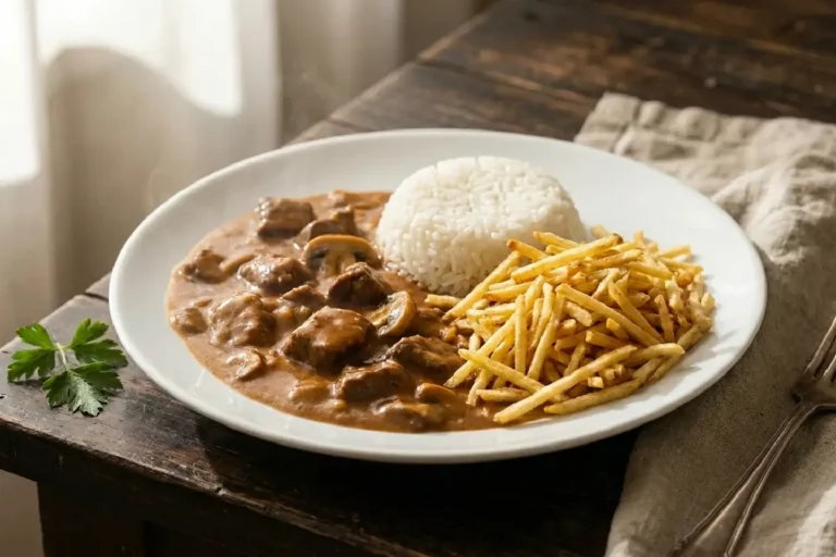 Estrogonofe de carne cremoso com arroz e batata palha