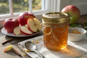 Pote de vidro com geleia de maçã caseira dourada translúcida ao lado de maçãs frescas e torrada sobre mesa rústica