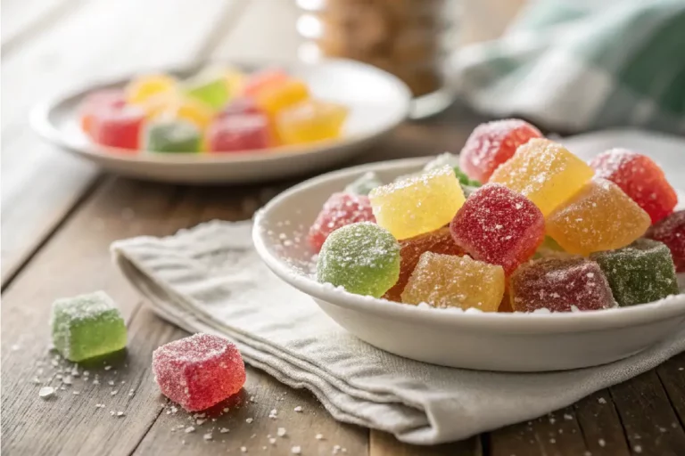 Jujubas coloridas caseiras em um prato, destacando a textura translúcida e o açúcar cristal