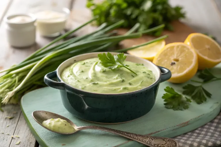 Maionese verde caseira com textura cremosa, cor vibrante e ervas frescas, servida em potinho branco.