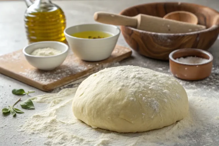 Massa de pizza caseira esticada fina, crocante com bordas fofas, farinha espalhada na superfície de madeira antes do recheio.