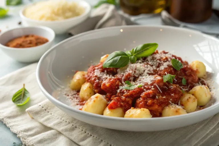 Nhoque à bolonhesa cremoso com molho de carne moída, tomate e queijo parmesão ralado, nhoques macios em prato fundo.