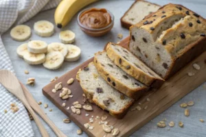 Pão de aveia com banana fofinho dourado, pedaços de banana madura visíveis, superfície brilhante de sementes, fatia saudável.