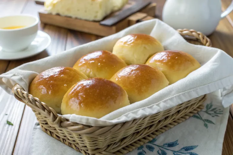 Pão de leite fofinho e dourado, recém assado, servido em cesta de pão