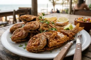 Peixe trilha frito crocante servido com limão