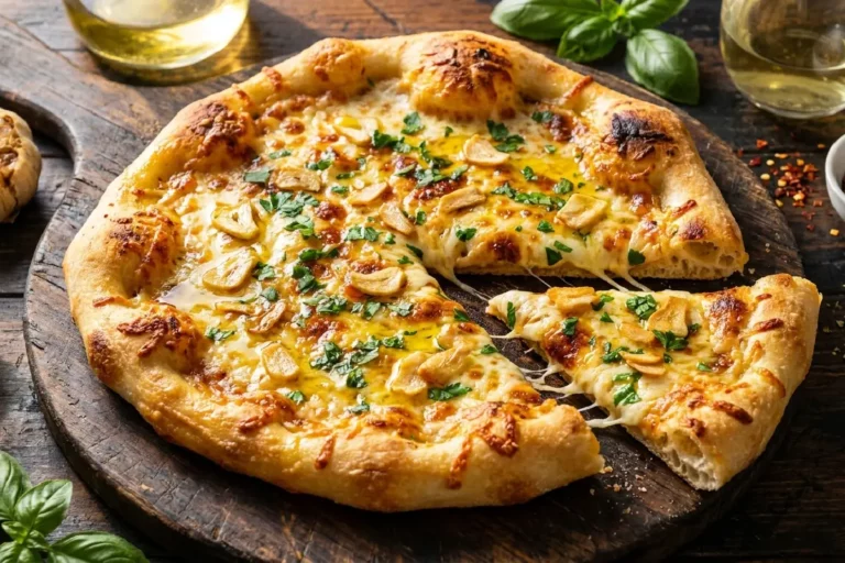 Pizza de alho caseira inteira sobre tábua de madeira rústica escura, com queijo mussarela e parmesão gratinados, lascas de alho crocante dourado espalhadas por toda a superfície e salsinha fresca picada, com fatia retirada revelando base crocante.