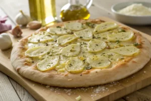 Pizza caseira de alho com crosta dourada e cobertura generosa de alho e queijo.