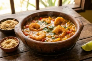 Moqueca de camarão com caldo cremoso e leite de coco