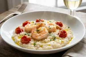 Risoto de camarão cremoso servido em prato branco, com camarões suculentos e decorado com ervas frescas﻿.