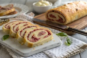 Rocambole de salaminho e queijo fatiado mostrando recheio cremoso com fatias de salame e muçarela derretida, superfície dourada.​