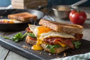 Sanduíche de ovo estrelado com bacon crocante dourado, queijo derretido e tomate em pão ciabatta torrado, recheio quente visível.​
