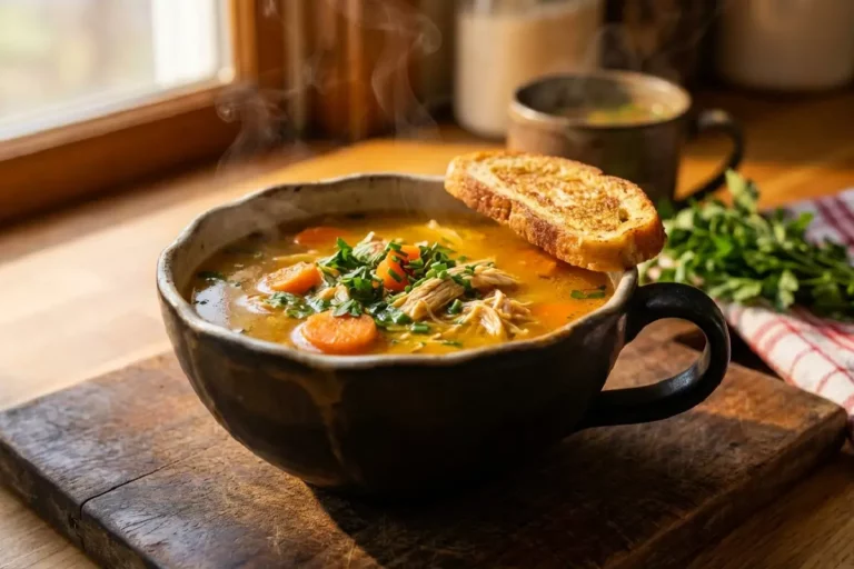 Caldinho quente de frango encorpado em caneca de cerâmica rústica com salsinha e cebolinha picadas na superfície dourada