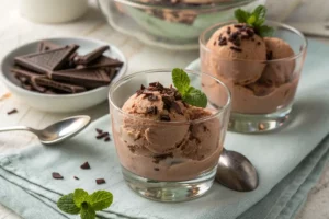 Sorvete de chocolate cremoso em taça transparente, com textura suave e pedaços de chocolate ralado por cima.