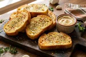 Tábua de madeira rústica escura com torradinhas de pão francês douradas e crocantes temperadas com orégano, alho e parmesão, com ramequin de pasta ao lado e raminhos de orégano fresco decorando a cena.