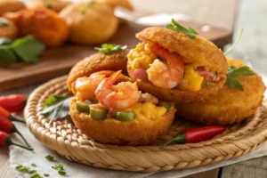 Acarajé tradicional baiano, feito com feijão-fradinho, frito em azeite de dendê, recheado com vatapá, camarão seco e molho de pimenta.