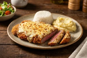 Bife à milanesa com queijo gratinado crocante