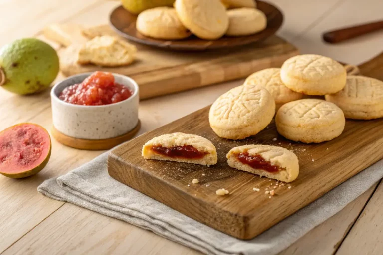 Biscoitos de polvilho com goiabada dourados sobre tábua de madeira com um biscoito partido revelando recheio de goiabada derretida