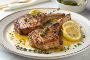 Bisteca suína ao molho de limão: dourada, suculenta e com molho aromático de manteiga e ervas. Aprenda o segredo do selamento perfeito. Veja já!