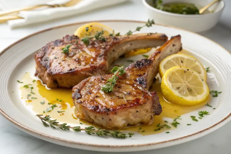Bisteca suína ao molho de limão: dourada, suculenta e com molho aromático de manteiga e ervas. Aprenda o segredo do selamento perfeito. Veja já!