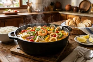 Caldeirada de frutos do mar completa com peixe, camarão e lula