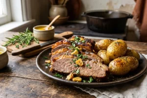 Carne de sol com batatas assadas douradas e suculentas