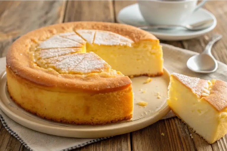 Bolo baêta cremoso de liquidificador, superfície dourada por fora e textura de pudim por dentro, servido em prato branco.