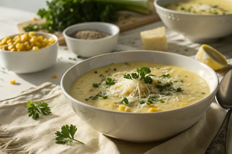 Creme de milho cremoso e dourado, servido em tigela branca, com textura aveludada e pedaços de milho.