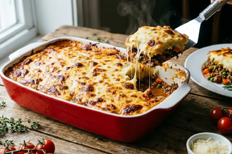 Escondidinho de carne moída gratinado com purê de batatas cremoso