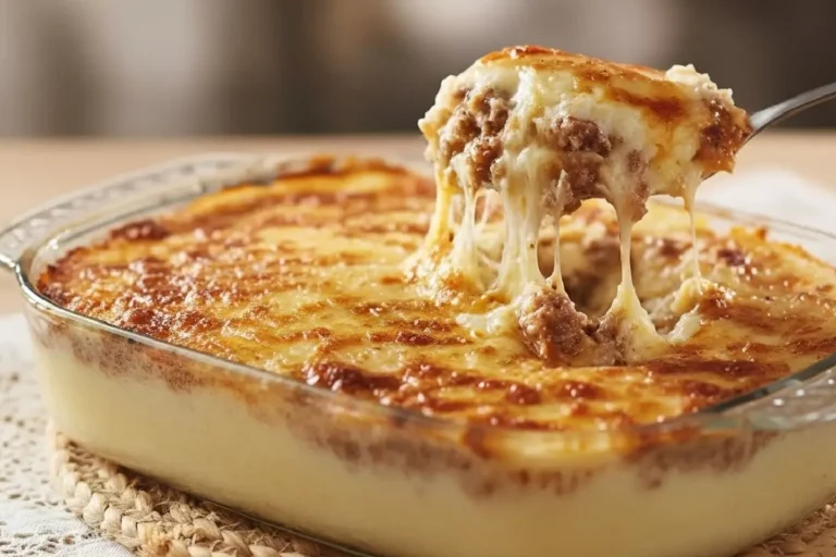 Escondidinho de carne moída com purê de batata cremoso, gratinado com queijo derretido e dourado, servido em prato branco.