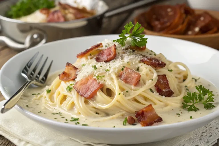 Espaguete ao molho cremoso de bacon crocante com parmesão ralado, fios dourados e queijo derretido em prato fundo.​