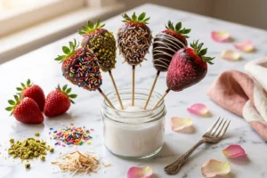 Espetinhos de morango cobertos de chocolate brilhante com coberturas coloridas de granulado, pistache e coco em potinho de vidro sobre mármore branco