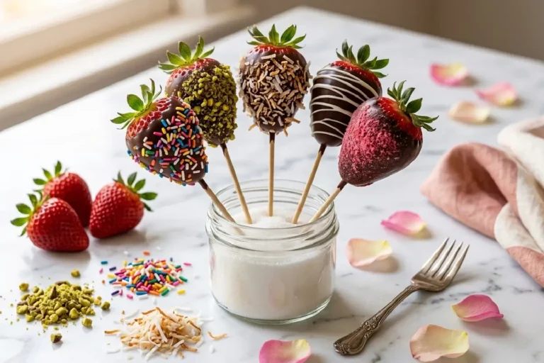 Espetinhos de morango cobertos de chocolate brilhante com coberturas coloridas de granulado, pistache e coco em potinho de vidro sobre mármore branco