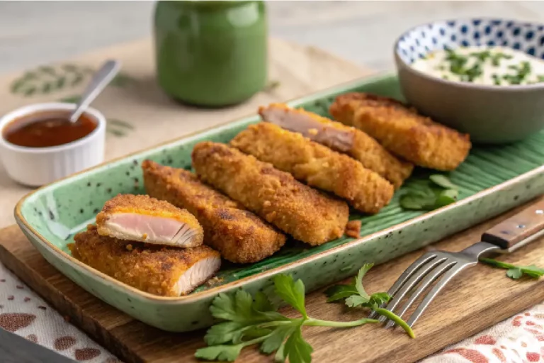 Iscas de lombo empanado douradas e crocantes servidas sobre tábua de madeira rústica com maionese temperada